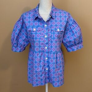 Ivy Jane Blue Pink Purple Floral Daisy Puff Sleeve Button-Down Babydoll Shirt